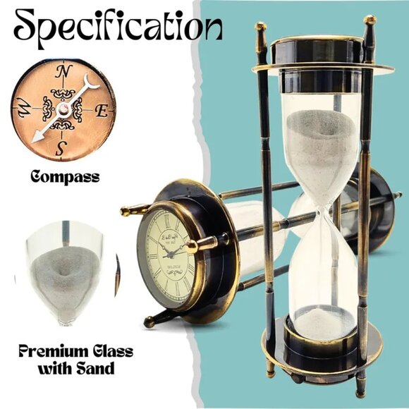 Antique Brass Compass Hourglass Nautical Maritime Sand Timer Desk Clock Decor - Picture 4 of 5